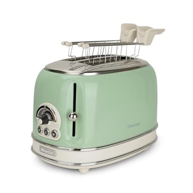 Ariete Vintage 155, 2-Scheiben-Toaster, Retro Toaster mit 6 Toaststufen, Automatischer Auswurf, Auftaufunktion, Herausnehmbares Krümelfach, Gehäuse aus Edelstahl, mit Sandwichzangen, 810W, Grün