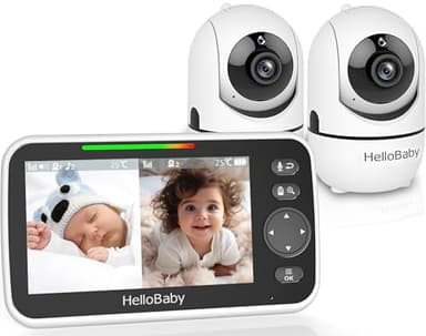 HelloBaby Babyphone mit 2 Kameras, Kein WLAN, 5" Geteilter Bildschirm, Kabelgebundene Kamera, 355°/120° Schwenken-Neige Babyphone, ECO, 2 Wege Audio, Nachtsicht, 3500 mAh Akku, 8 Schlaflieder