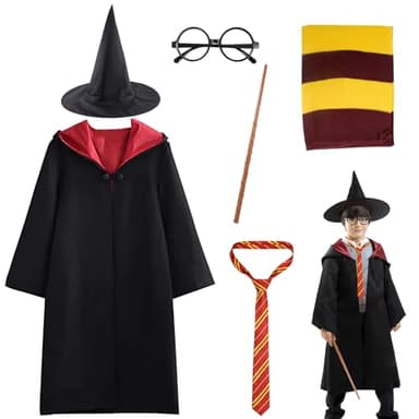 WELLXUNK Magier Robe, Gry-ffindor Uniform, Halloween Zauberer Kostüm, Zauberroben für Kinder, inklusive Umhang Brille Zauberhut Schal Krawatte Zauberstab, für Karneval Halloween Cosplay