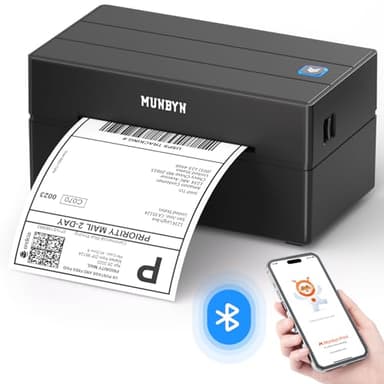 MUNBYN DHL Etikettendrucker Bluetooth, Label Printer 4x6 Versandetiketten Drucker, Thermodrucker Labeldrucker für Shopify, Ebay, Etsy, DHL, DPD, GLS, UPS, mit 25 Etiketten, Ohne Tinte, 130B Schwarz