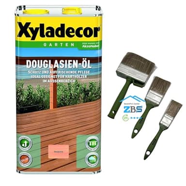 zbs24 Xyladecor Douglasien Öl 5 Liter, für Terrassendielen und Möbel, exellenter Wetter-und UV-Schutz, Schützt und Pflegt Hölzer im Aussenbereich inkl. 3 teiligem Pinselset