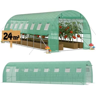 QEENTOE 3x8m Foliengewächshaus Gartengewächshäuser aus verzinktem Stahl PE Gewächshaus mit Aufrollbare Fenster Tomatenhaus Winterfest Folientunnel Pflanzenzelt Folien Treibhaus inkl. Erdanker