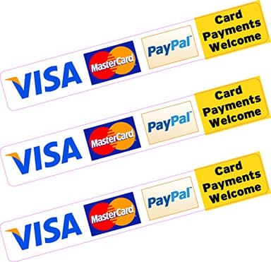 Printwhizz Ltd 3 x PayPal Visa Mastercard Kreditkarte Aufkleber bedruckt Vinyl Schwarz Rechteckig Einfarbig Glänzend Wasserfest Einmalgebrauch Outdoor Wand Auto Laptop Wasserflasche Finanzen