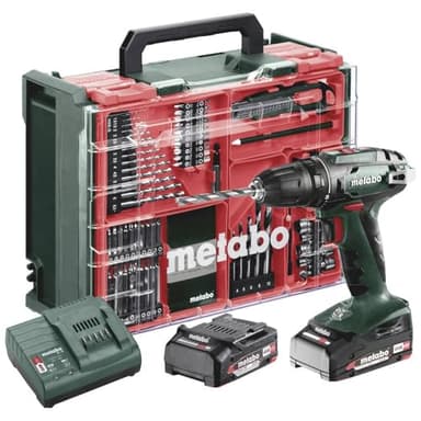 metabo Akku-Bohrschrauber BS 18 Set - 18 V, 74-tlg. Mobile Werkstatt - Schnellspannbohrfutter, Gürtelhaken, LED-Arbeitslicht - Inkl. 2 x Akku LiPOWER (2.0 Ah), Ladegerät und Kunststoffkoffer