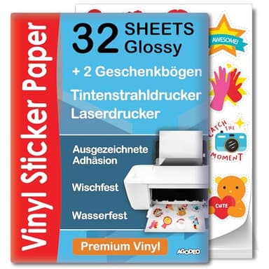Bedruckbares Vinyl-Aufkleberpapier – 32 Blatt – glänzend, A4 – Vinyl-Aufkleberpapier für Laser- und Tintenstrahldrucker – Sticker Papier zum Bedrucken – Trocknet Schnell, Lebendige Farbe (Glossy)
