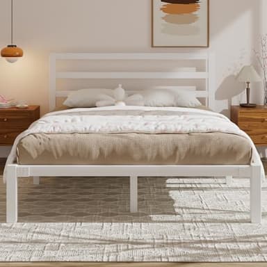 E-Motie Bett 120×200CM, Metall-Plattformbettgestell mit Kopfteil, Stauraum unter dem Bett, Modernes Jugendbett mit Lattenrost, Einfache Montage, Weiß