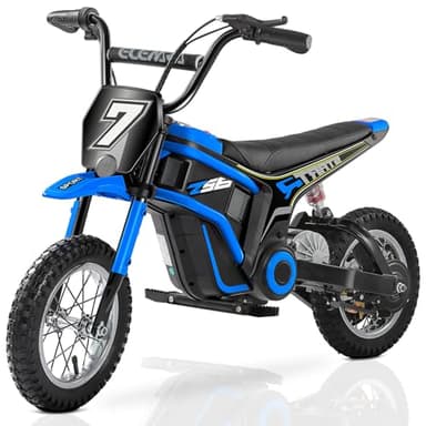 ELEMARA 24V Motorrad Elektrisch für Kinder, 350W Dirt Bike W/Rücklichtern,Musik,22,5 KM/H & 150 KG Max, Kettenantriebsmotor,Drehgasgriff & Handbetätigte Hinterradbremse,12" Luftreifen-Blau