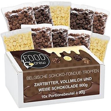 FOOD crew 900g belgische Schokolade für Fondue - Schoko-Mix aus Vollmilch, Zartbitter & Weiß - einzeln verpackt - belgische Schokolade für Schokobrunnen - Schoko Kuvertüre Drops
