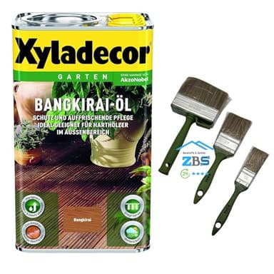 zbs24 Xyladecor Bangkirai Öl 5 Liter, für Terrassendielen und Möbel, exellenter Wetter-und UV-Schutz, Schützt und Pflegt Hölzer im Aussenbereich inkl. 3 teiligem Pinselset