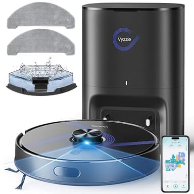 Vyzzle Saugroboter mit Wischfunktion, 10000Pa Saugroboter mit Absaugstation 3,5L, Wisch und Saugroboter mit LiDAR Navigation, 180 Min Laufzeit, App Steuerung, Tierhaare, Hartböden & Teppiche, Schwarz