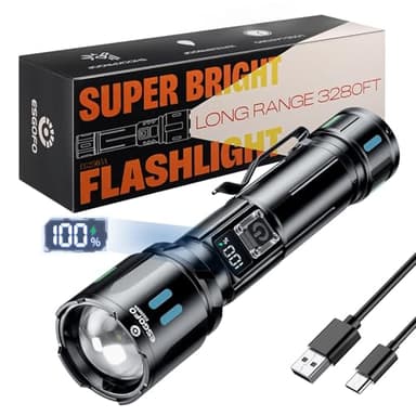Esgofo Taschenlampe LED Aufladbar Extrem Hell 500000 Lumens，Sehr Helle Lang Anhaltend 15 STD USB C Flashlight Große Reichweite 1000M, Einstellbar Fokus & Lichtmodi Torch Light für Outdoor Security
