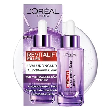 L'Oréal Paris Aufpolsterndes Serum, gegen Falten, für jugendlich und praller aussehende Haut [mit Hyaluronsäure und Peptid], Gesichtsserum, Revitalift Filler, 1 x 30ml