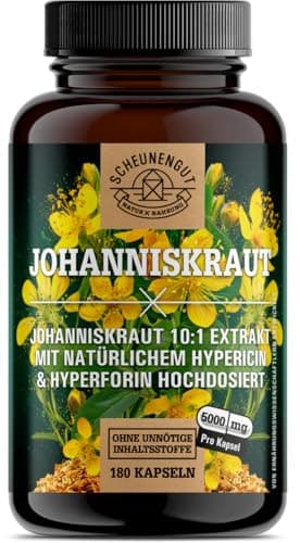 Johanniskraut Kapseln -180 Stück je 5000mg- WICHTIG: 10:1 Extrakt (=5000mg reines Johanniskraut) + Hypericin und Hyperforin I Zertifiziert Laborgeprüft und Vegan DE SCHEUNENGUT®