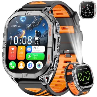 Joautrial GPS Smartwatch Herren, 2,13" AMOLED Men's Military Smart Watch, LED Taschenlampe, Kompass, 100+ Sportmodi Fitnessuhr, 580mAh Batterie Sportuhr, Bluetooth Anrufen für iOS Android (Schwarz)
