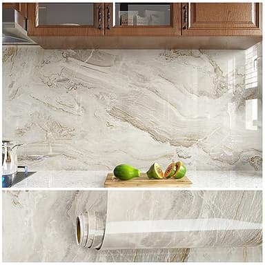 VEELIKE Klebefolie Marmoroptik Beige 81cm x 300cm Mamorfolie Gold Marmor Tapete Selbstklebend Folie Küchenrückwand Marmortapeten Wand Küchenfolie Wasserfest Badezimmer Arbeitsplatte Dekorfolie