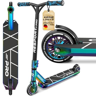 RE:SPORT® Stunt Scooter REVO PRO für Kinder & Erwachsene mit Ständer | Profi Stuntroller 110mm PU Wheels & Y-Bar | Stuntscooter Kickscooter ABEC 9 Kugellager | Tretroller Trickroller (Rainbow Blaze)