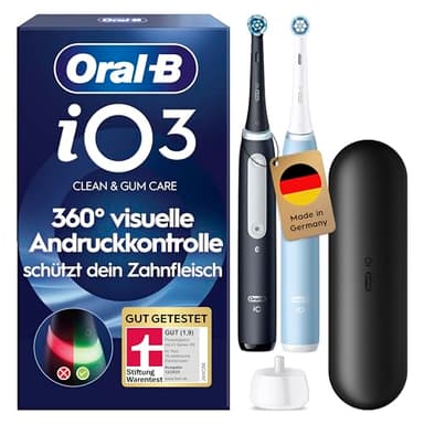 Oral-B iO Series 3 Elektrische Zahnbürste — Doppelpack — Electric Toothbrush, Inkl. 2 Aufsteckbürsten, 3 Putzmodi für Zahnpflege — Designed by Braun, GUT GETESTET von STIFTUNG WARENTEST, Schwarz/Blau