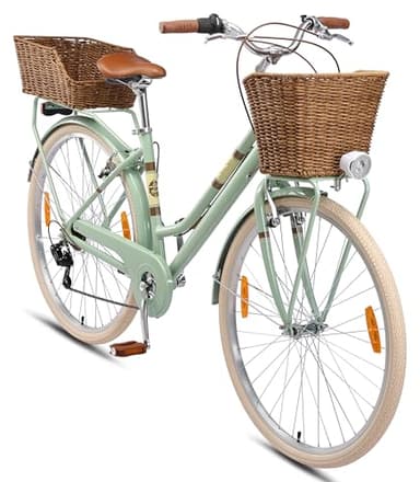 BIKESTAR Alu City Stadt Fahrrad 28 Zoll | 18 Zoll Rahmen, 7 Gang Shimano Damen Rad, Hollandrad Retro Bike mit V-Bremse und Gepäckträger | Mint | Risikofrei Testen