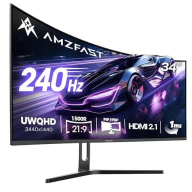 Amzfast 34 Zoll Curved Gaming Monitor, 3440x1440 UWQHD, 240Hz, 21:9 VA Panel, 1500R, 1ms MPRT, Adaptive Sync, HDR, DCI-P3 98%, sRGB 130%, Pip/PBP, HDMI2.1 & DP1.4, VESA 75x75mm, AMZG34C5Q Pro