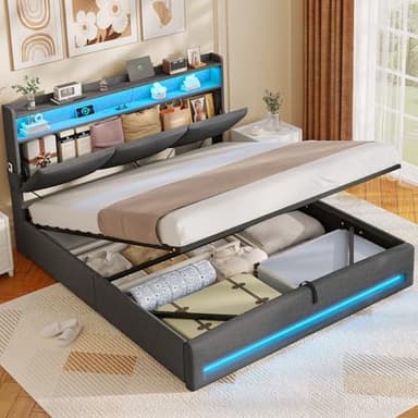 AOGLLATI Polsterbett 140×200 mit Steckdosen und LED-Beleuchtung, Doppelbett mit Stauraum Kopfteil, Bett 140×200 mit Hydraulische Stauraum und Lattenrost aus Holz, Linen, Dunkelgrau(Ohne Matratze)