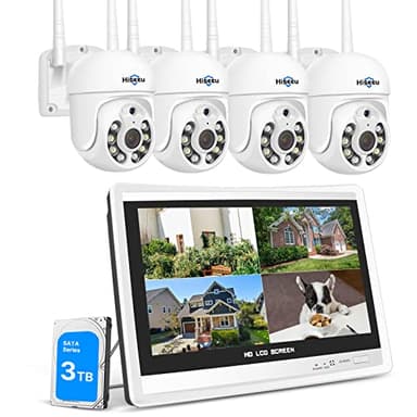 【5MP+PTZ】Hiseeu Überwachungskamera Set Aussen WLAN mit 12''Monitor 10CH Wireless NVR,4 Pcs 5MP PTZ WiFi Kameras mit 2-Wege Audio,Farbe Nachtsicht,Fernanzeige,App&Mail Alarm,3TB HDD Inklusive
