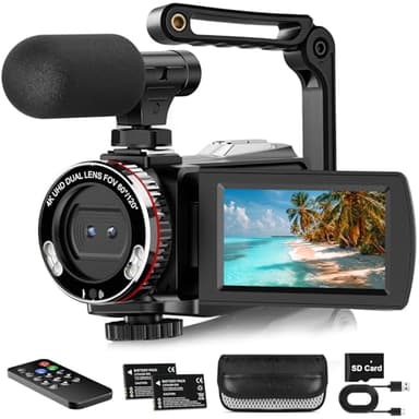 Vmotal 4K Videokamera, 64MP Foto/4K 60FPS Videorecorder, digitaler Camcorder für Vlogging auf YouTube, mit 2 Batterien/kabellosem Mikrofon/SD-Karte/Fernbedienung