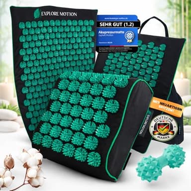 Explore Motion® Original Akupressurmatte 6in1 Premium-Set aus Naturfasern - Rücken- & Nackenmassage gegen Stress & Verspannungen | Mit Kissen & Massageball | Spüre den Unterschied