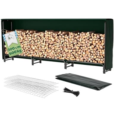 TTL GARDEN Kaminholzregal L 300x36x116cm schwarz mit Abdeckung - für aussen & innen, bis 600kg Holz wetterfeste Schutzplane - Metall Stahl Rohrrahmen rostfrei Holzunterstand Holzregal für Kaminholz
