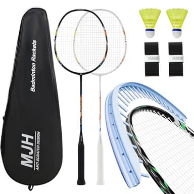 MANJHONG Badminton Set mit 2 Graphit Schläger - Kratzfestes Design - Federball Set für Erwachsene Incl. Federbälle, Griffbänder & Schlägertasche (Schwarz+Weiss)