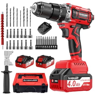 SundpeyPRO 120Nm Akkuschrauber mit Schlagbohrfunktion, 21V Bürstenloser Schlagbohrschrauber mit 2x4Ah Akkus, Kompatibel mit Makita 18V Akku, 20+3 Drehmomentstufen Bohrmaschine, 13mm Bohrfutter, 2 Gang