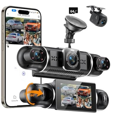 Dashcam Auto Vorne Hinten 4K/1080P,4 Kanal Auto Kamera mit 64GB SD-Karte,360°Dash Cam mit parküberwachung,3" IPS-Bildschirm,4X140° Weitwinkel,WDR Nachtsicht(8 IR-LEDs),G-Sensor,Loop-Aufnahme,WiFi App