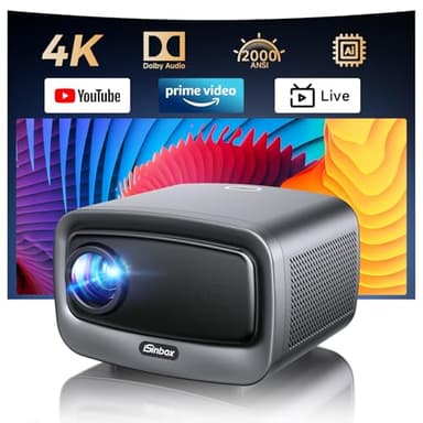4K Beamer kompatibel mit Netflix & 36W Kino Sound | iSinbox Smart Beamer 1500 ANSI, HDR10+, Autofokus, Staubgeschützt, 6D Keystone, WiFi 6 & Bluetooth | Heimkino & Outdoor