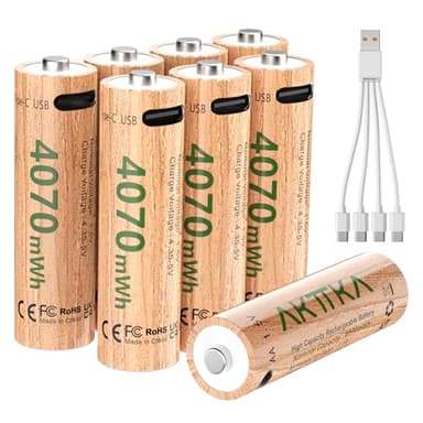 AKTTKA 8er Set Lithium AA Akku 4070 mWh, 1,5 V, mit 1‑zu‑4 USB‑C Ladekabel, Starke Leistung für Gamecontroller, Smart‑Türschlösser, Überwachungskameras