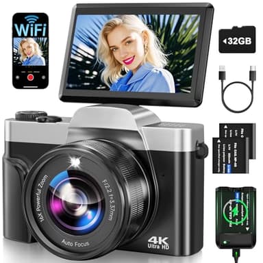 Digitalkamera, 4K 64MP Autofokus Kamera Fotokamera Mit WLAN, 3" 180° Klappbarer Bildschirm Digital Kamera mit 32GB Karte, Ladestation, 2 Akkus Fotoapparat Kompaktkamera für Anfänger Teenager -Schwarz