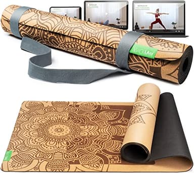 BACKLAXX ® Yogamatte Kork mit Naturkautschuk - FAZ Testsieger 02/2026 - Yoga Matte nachhaltig, schadstofffrei, Yogamatte rutschfest, Fitnessmatte mit Anti-Rutsch-Zonen inkl. Tragegurt, Turnmatte