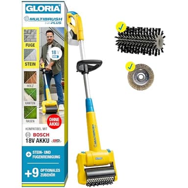 GLORIA MultiBrush li-on PLUS I Akku Reinigungsbürste für Stein, Fugen, Holz, Kanten & Rasen | Für Terrasse, Wege & Garten | Inkl. Stein- & Fugenbürste | Kompatibel mit BOSCH 18V Akku (nicht enthalten)