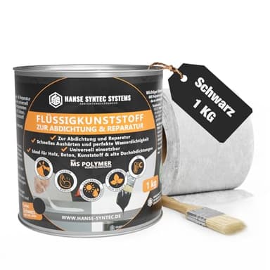 HSS Flüssigkunststoff Abdichtungsset inkl. Pinsel & Vlies – UV- & witterungsbeständig – MS-Polymer – lösungsmittel- & bitumenfrei – Schwarz – 1 kg für ca. 1 m²