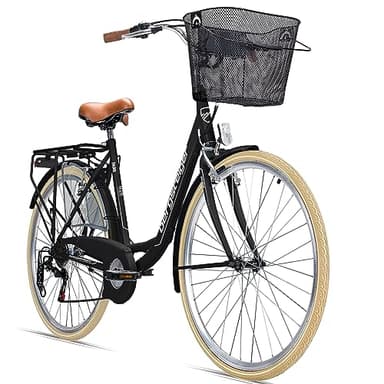 Bergsteiger Paris 26,28 Zoll Damenfahrrad, ab 140 cm, Korb, Fahrrad-Licht, 6 Gang-Schaltung, Damen-Citybike, Damenrad im Retro-Design