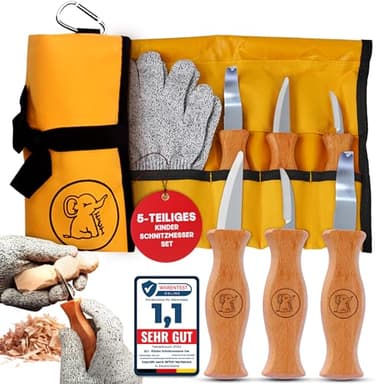 Eli® Schnitzmesser Kinder Set ab 6 Jahre - hochwertiges 5-teiliges Kindermesser Schnitzset inkl. schnittfeste Handschuhe - Kinderschnitzmesser - Schnitzwerkzeug - Taschenmesser