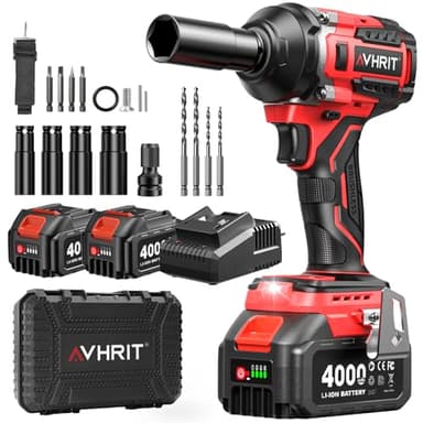 Avhrit Akku Schlagschrauber mit 2x 4.0Ah Lithium Batterie, 700N.m 1/2 Zoll Bürstenloser Elektro Schlagschrauber für Haus und Auto, 5 Stecknüsse, 4 Schrauben, 4 Bohrern