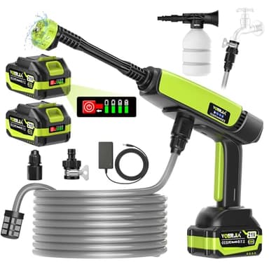 VOERJIA Akku-Hochdruckreiniger 21V (70 Bar), mit LED-Akkustandsanzeige, 2X 4,0 Ah Akkus, 400 L/h, 6-in-1 Düse für Auto, Fahrrad, Terrasse & Camping, Grün