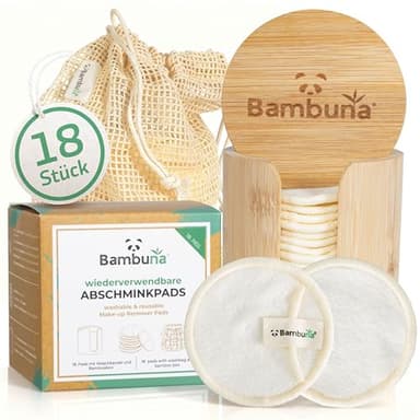 BAMBUNA wiederverwendbare Abschminkpads | 18 Stück Baumwollpads|waschbare Make-up-Pads mit Aufbewahrungsbox und Waschbeutel | Zero Waste Kosmetikpads für Gesicht und Augen | vegan und plastikfrei