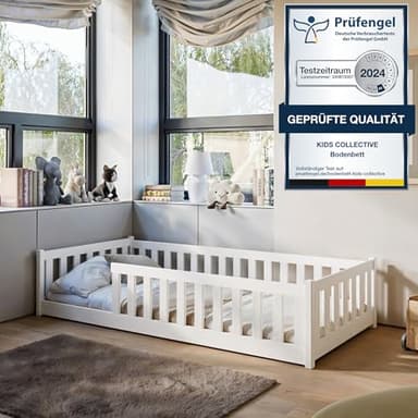 Kids Collective Kinderbett Bodenbett 80x180 cm mit Rausfallschutz & Lattenrost Montessori Bett Bed Gitterbett Kinder Jugendbett Einzelbett | weiß | von 3. bis 12. Lebensjahr