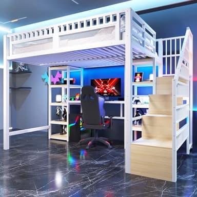 Merax Hochbett mit Schreibtisch 140x200 cm, Funktionsbett Metallbett mit Treppe, Leiter mit Stauraum, Ablagefach, LED&USB-Anschluss, Jugendbett Bettgestell (ohne Matratze) für Kinder/Erwachsene, Weiß