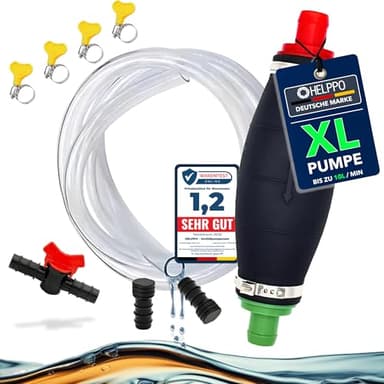 HELPPO Handpumpe zum Umfüllen von Flüssigkeiten wie Benzin, Diesel, Öl, Wasser - XL Umfüllpumpe mit Vakuumfunktion, 2m kraftstoffresistenten PVC-Schlauch inkl. Stöpsel und Flüssigkeitsregler