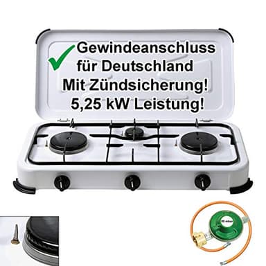 Bluecraft Campingkocher 3 flammig mit Zündsicherung Gaskocher mit 5,25 kW Leistung für Gasflaschen Dreifach Gasherd mit Zubehör 50 mbar Gasregler Gasschlauch für Camping Outdoor Garten & Freizeit