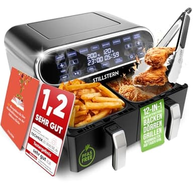 Stillstern Heißluftfritteuse 2 Kammern 8L Dual Zone Airfryer XXL, 2400W, Ausgezeichnet 1,2 (Sehr Gut), Fritteuse Air Fryer, Rezeptbuch, Auftauen&Warmhalten Heissluftfritteuse Doppelkammer, Air Fryers