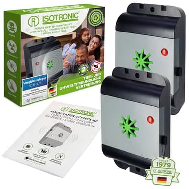 ISOTRONIC Mäuseabwehr Rattenabwehr mit Ultraschall 2 Stück | Testsieger Schädlingsvertreiber elektronisch | für Haus, Keller, Garten, Mäuse und Ratten| vertreiben ohne Chemie und Mäusefalle