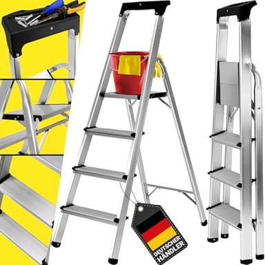 𝐂𝐑𝐀𝐅𝐓𝐅𝐔𝐋𝐋 Alu Stehleiter CF-133B | 𝟑 𝐉𝐀𝐇𝐑𝐄 𝐆𝐀𝐑𝐀𝐍𝐓𝐈𝐄 - Klappleiter mit Ablage - Haushaltsleiter - Aluleiter - 150 Kg - Leiter - Trittleiter klappbar - 3-6 Stufen (4 Stufen)