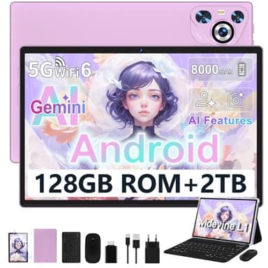Dghrti Tablet 10 Zoll Android, 22GB RAM 128GB ROM/TF 2TB, Octa-Core Prozessor, 8000mAh, BT5.0, 8MP+5MP, Dual WLAN, Face ID, Widevine L1, Augenschutz, Tablet mit Tastatur & Maus Metallkörper, Lila